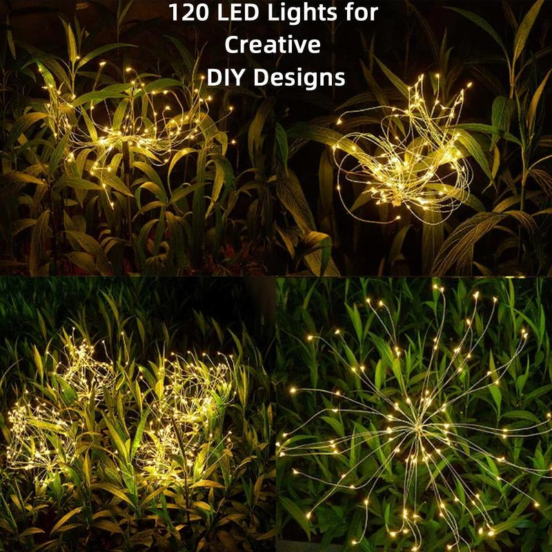2-Pack Waterproof Solar Garden Lights with 120 LED Firework Stake String Lights for Outdoor Pathway Decor