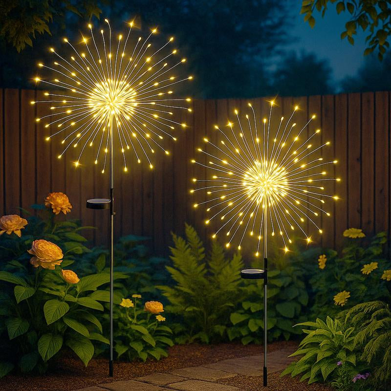 2-Pack Waterproof Solar Garden Lights with 120 LED Firework Stake String Lights for Outdoor Pathway Decor
