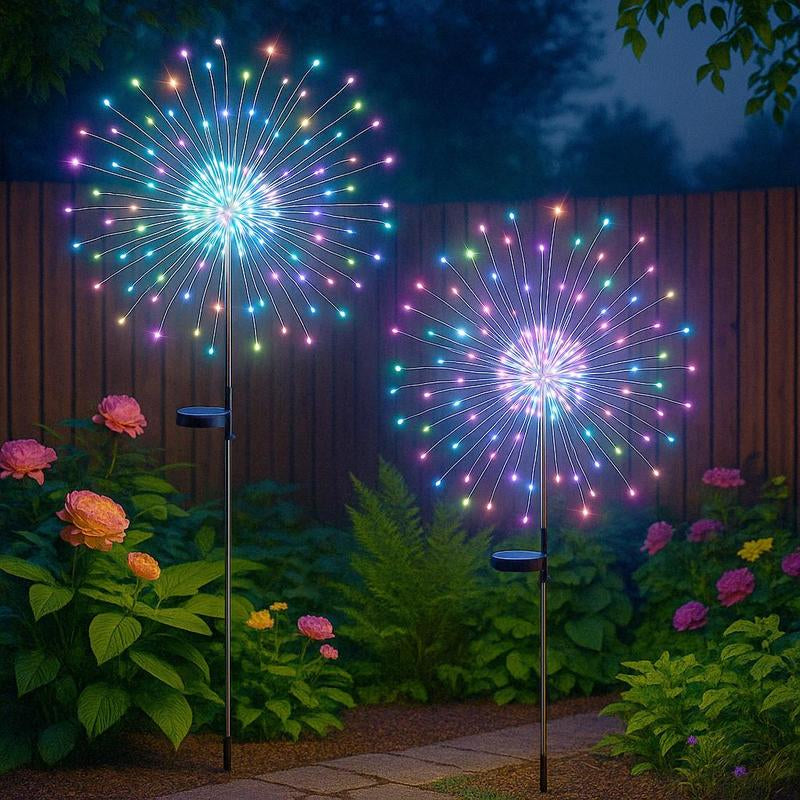 2-Pack Waterproof Solar Garden Lights with 120 LED Firework Stake String Lights for Outdoor Pathway Decor