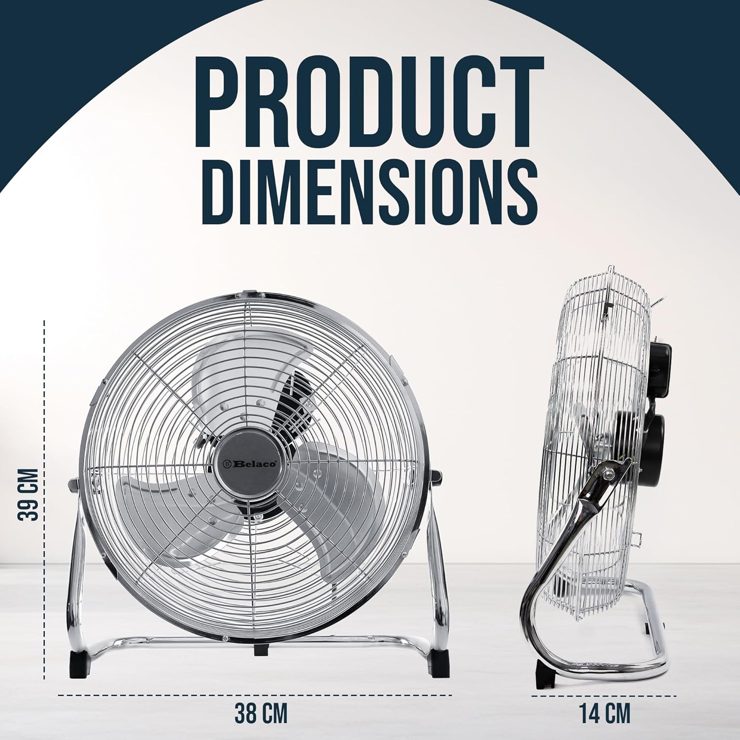 12-Inch High Velocity Metal Floor Fan with Chrome Finish, 3-Speed Adjustable Desk Fan for Residential and Commercial Applications, High Airflow Model BELF-30