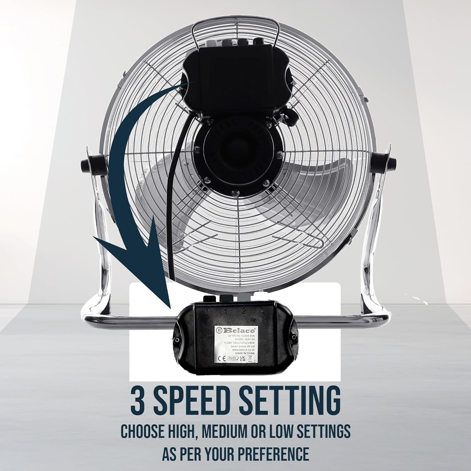 12-Inch High Velocity Metal Floor Fan with Chrome Finish, 3-Speed Adjustable Desk Fan for Residential and Commercial Applications, High Airflow Model BELF-30