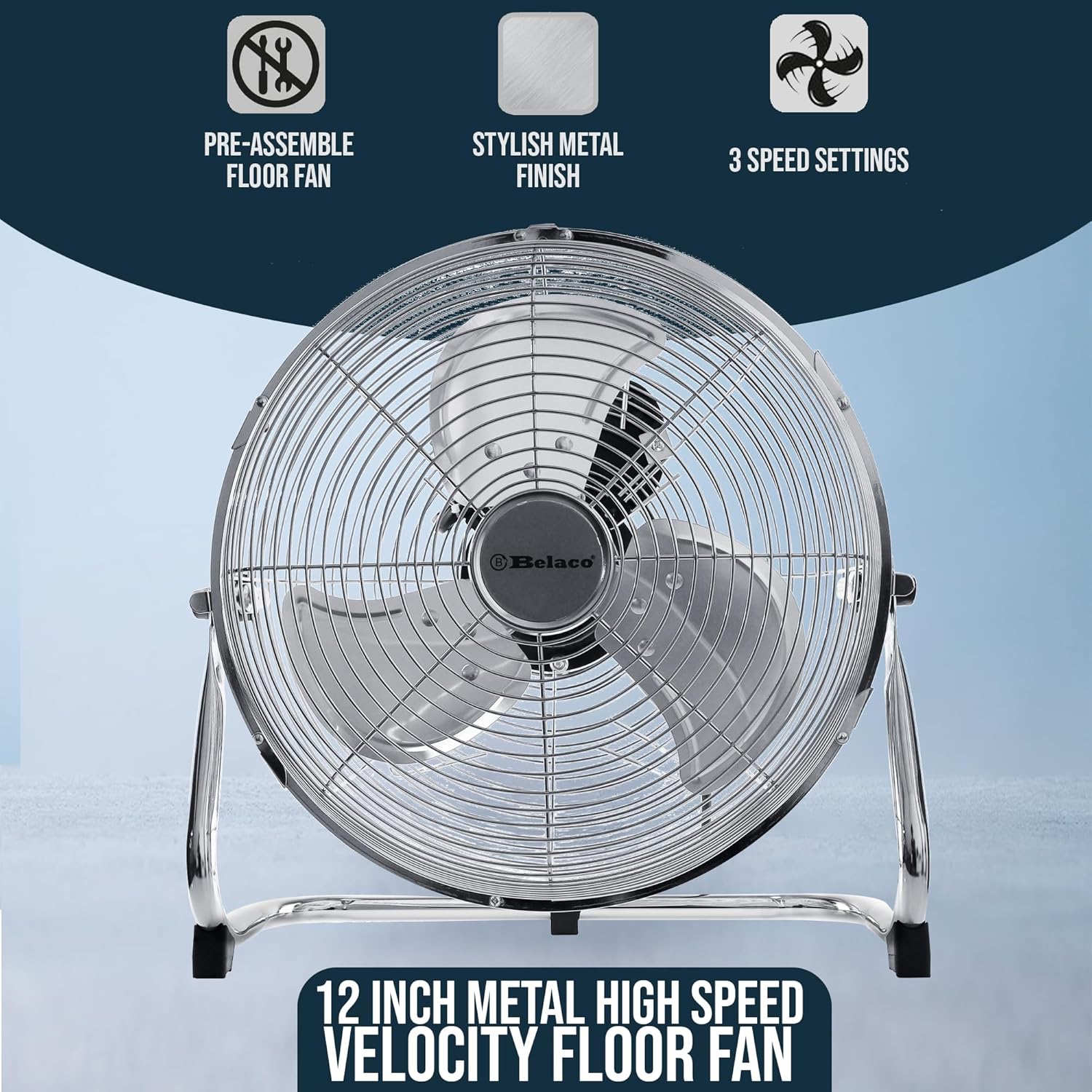 12-Inch High Velocity Metal Floor Fan with Chrome Finish, 3-Speed Adjustable Desk Fan for Residential and Commercial Applications, High Airflow Model BELF-30