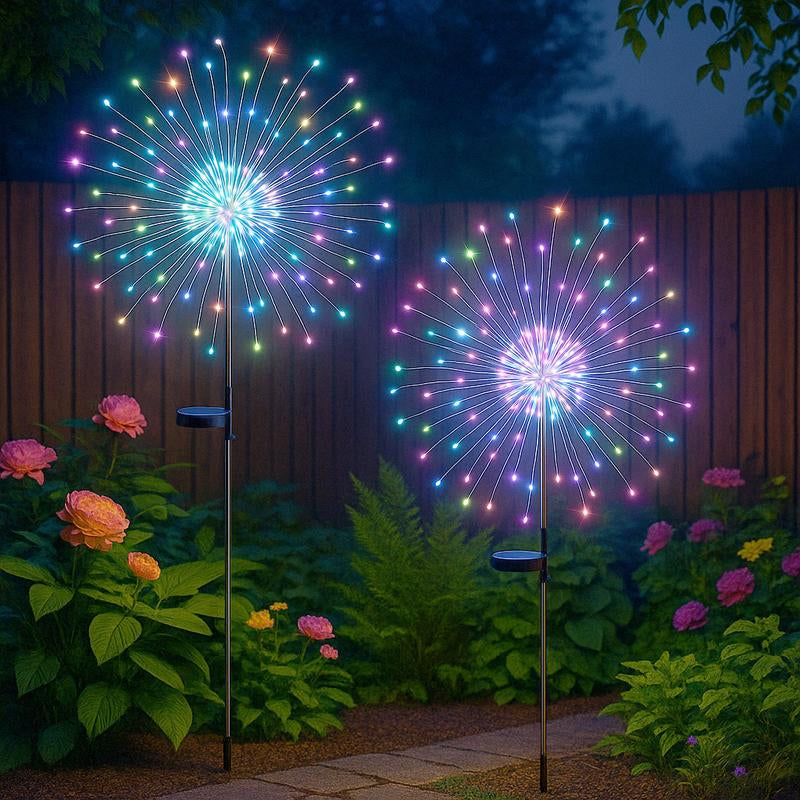 2-Pack Waterproof Solar Garden Lights with 120 LED Firework Stake String Lights for Outdoor Pathway Decor